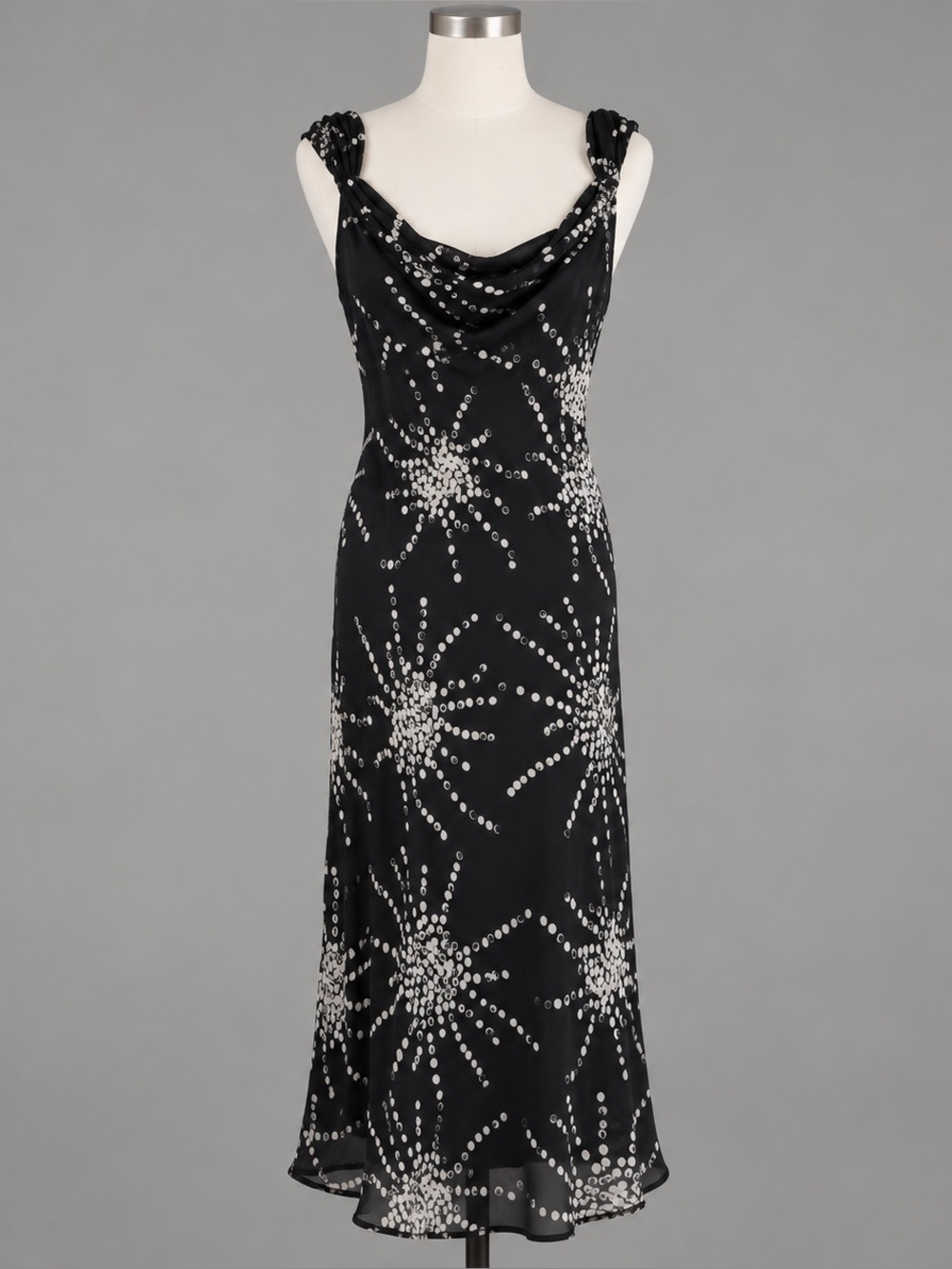 vtg Y2K The Limited Silk Cowl Neck Firework Midi Dress Black White 4